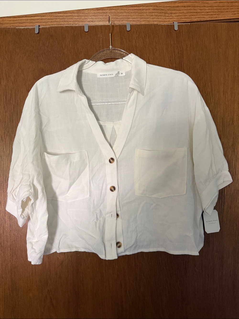 Altar'd State Ivory Short-Sleeve Button Down Crop Pocket Shirt